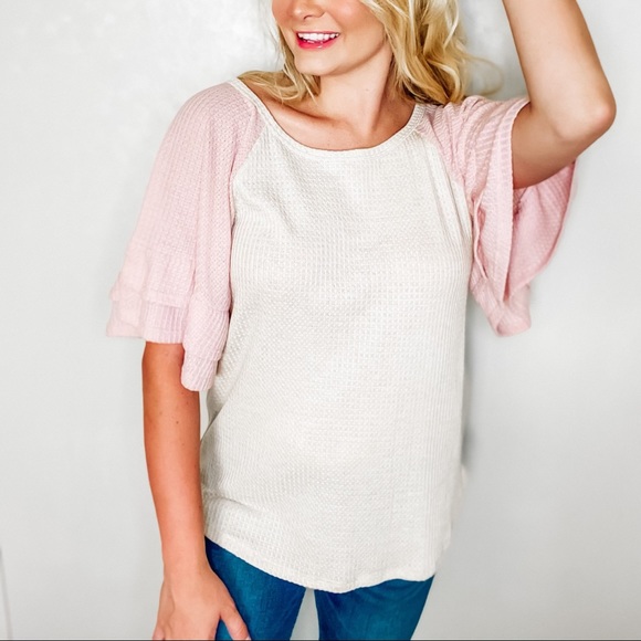 ALL A FLUTTER RUFFLE  SLEEVE WAFFLE KNIT TUNIC - Picture 3 of 7